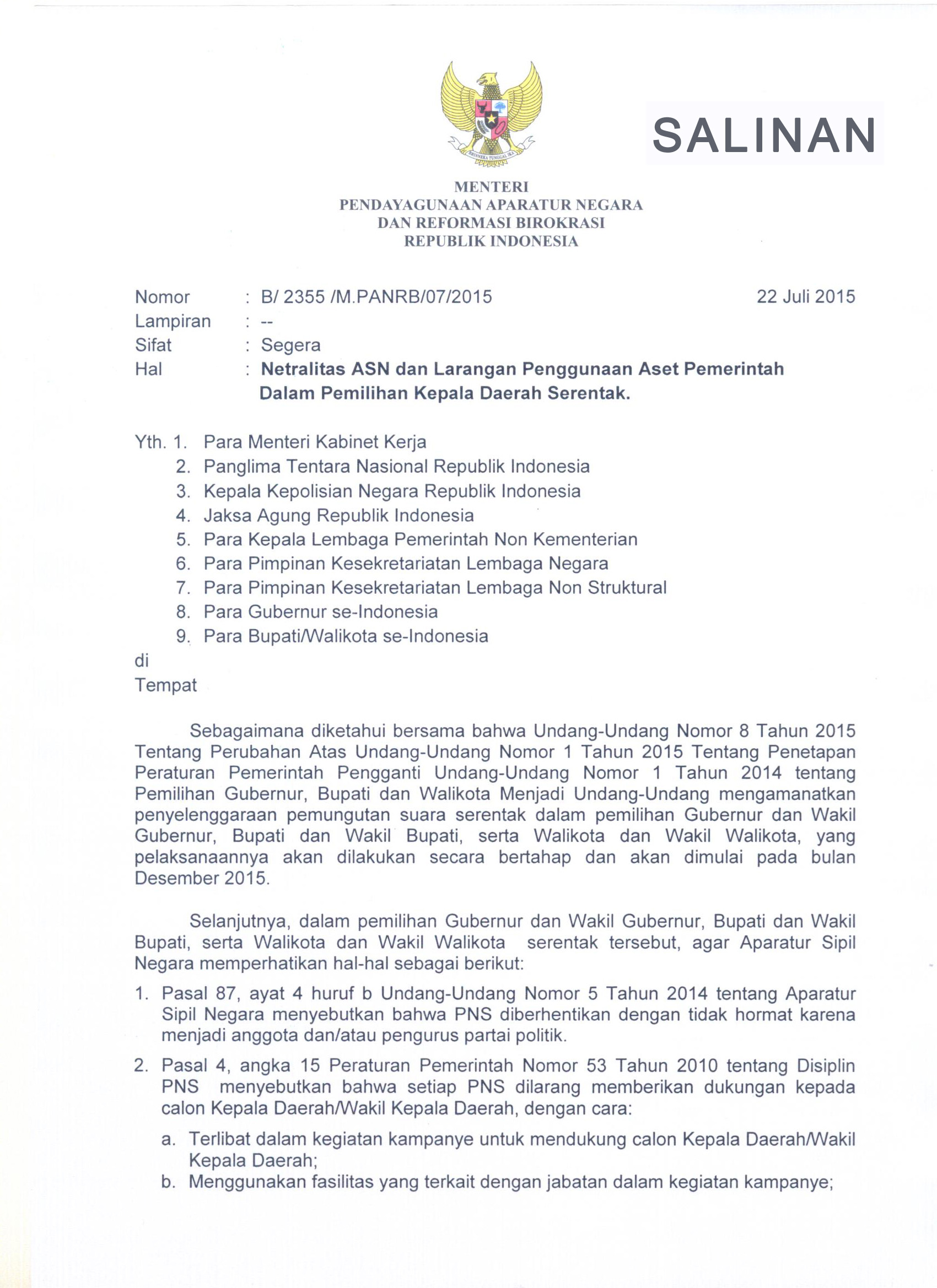 Surat Menteri PANRB Tentang Netralitas ASN & Larangan Penggunaan Aset Pemerintah dalam PILKADA Serentak